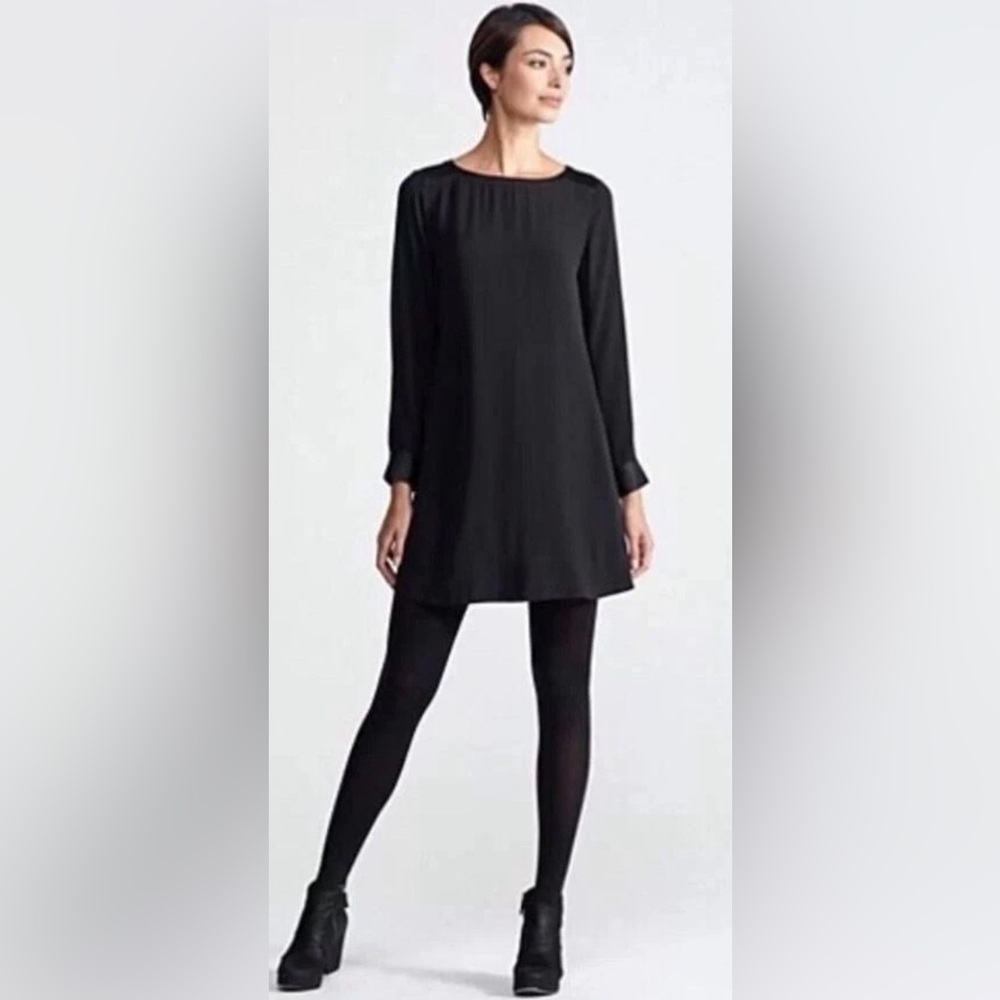 EILEEN FISHER 100% SILK GEORGETTE LONG SLEEVE SHIFT DRESS, SIZE XL.